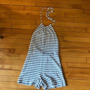 Blue and white beach-vibe striped halter romper